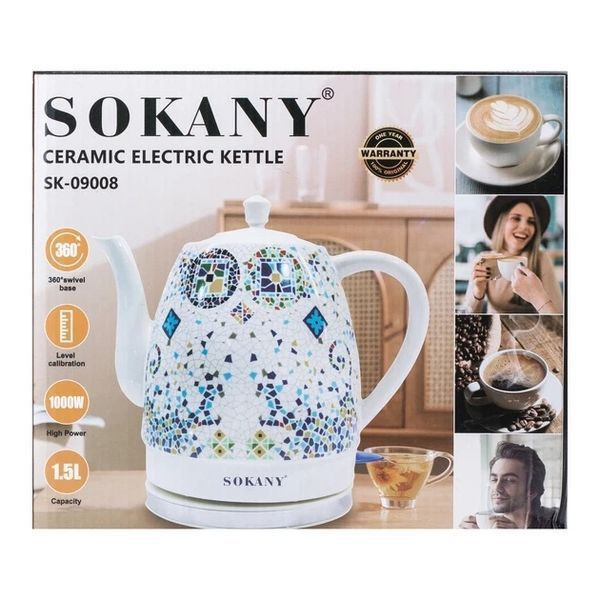 Электрочайник керамический Sokany 1.5 л, 1000Вт