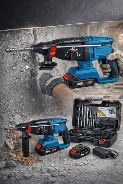 Дрель-перфоратор KRAFFTEC 48V с 2 аккумуляторами в кейсе (синий)