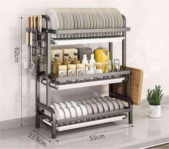 Сушарка для посуду настільна триярусна Multifunctional Bowl Rack, чорна, органайзер для тарілок, чашок і столових приладів