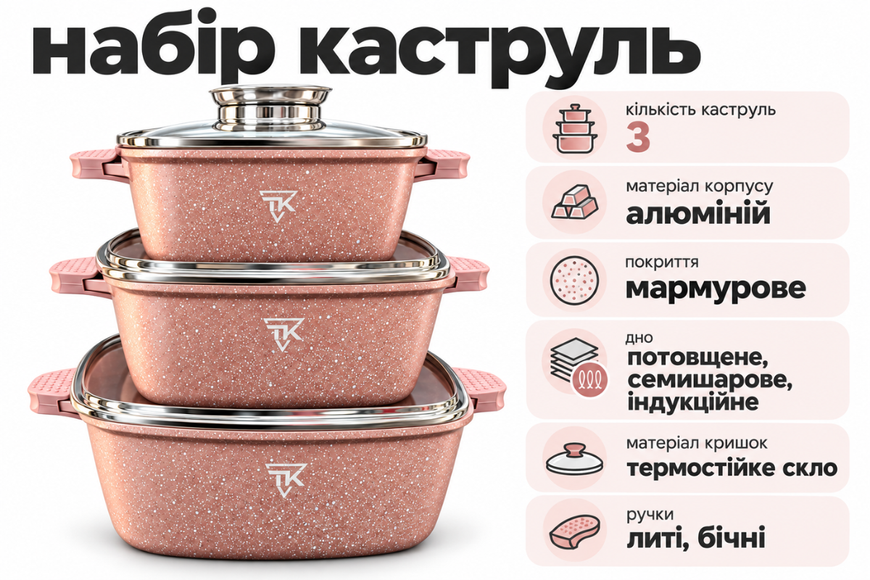 Набір каструль Top Kitchen (пудра) (3 каструлі)