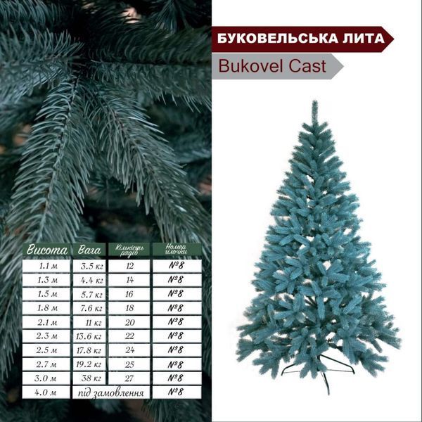 Ялинка штучна лита блакитна Bykovel cast буковельська № 8 висота 1,3 м, класична новорічна ялинка