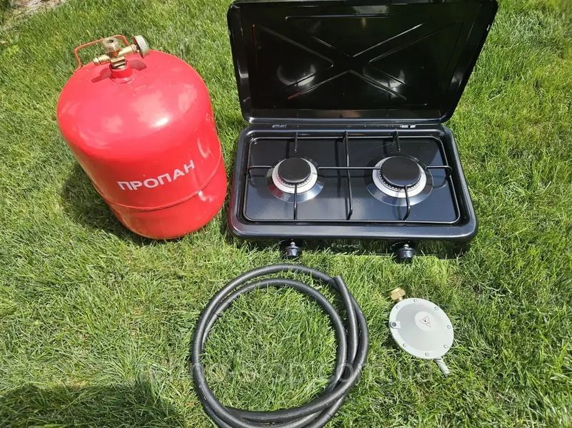 Комплект газова плита Ferre O-200-BL 2-х конфоркова з кришкою балон Intertool 12л редуктор шланг