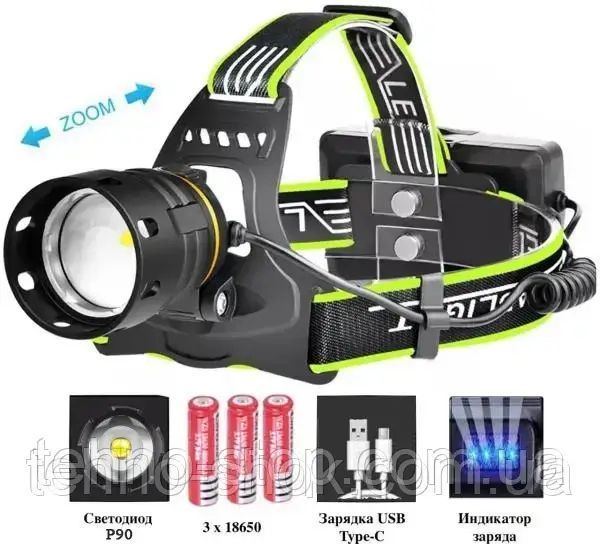 ЛІХТАР НАЛОБНИЙ BL-A14-3-P90, 3X18650, ZOOM, ЗП TYPE-C