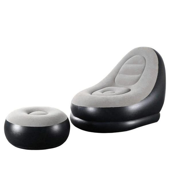 Надувной диван 2в1 с пуфиком для ног Soft Rest A-Sofa Мягкая надувная мебель с флокированным покрытием, бежевый и темно-синий