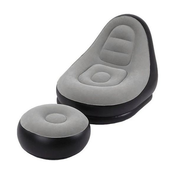 Надувной диван 2в1 с пуфиком для ног Soft Rest A-Sofa Мягкая надувная мебель с флокированным покрытием, бежевый и темно-синий